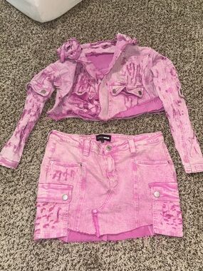 Fashion Nova Pink Distressed Denim Midi Skirt Set